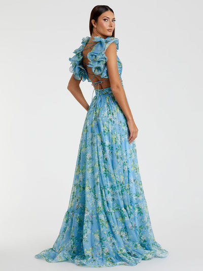 Ruffle Tiered Floral Cut-Out Chiffon Gown