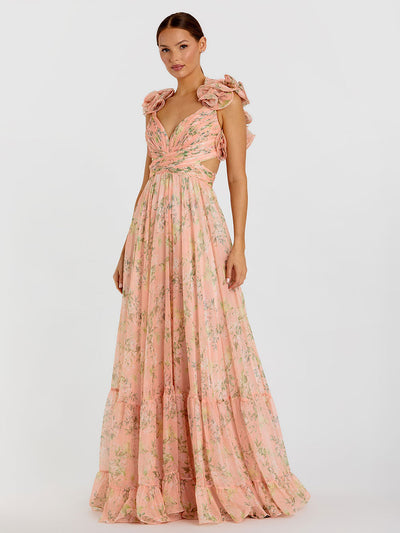 Ruffle Tiered Floral Cut-Out Chiffon Gown