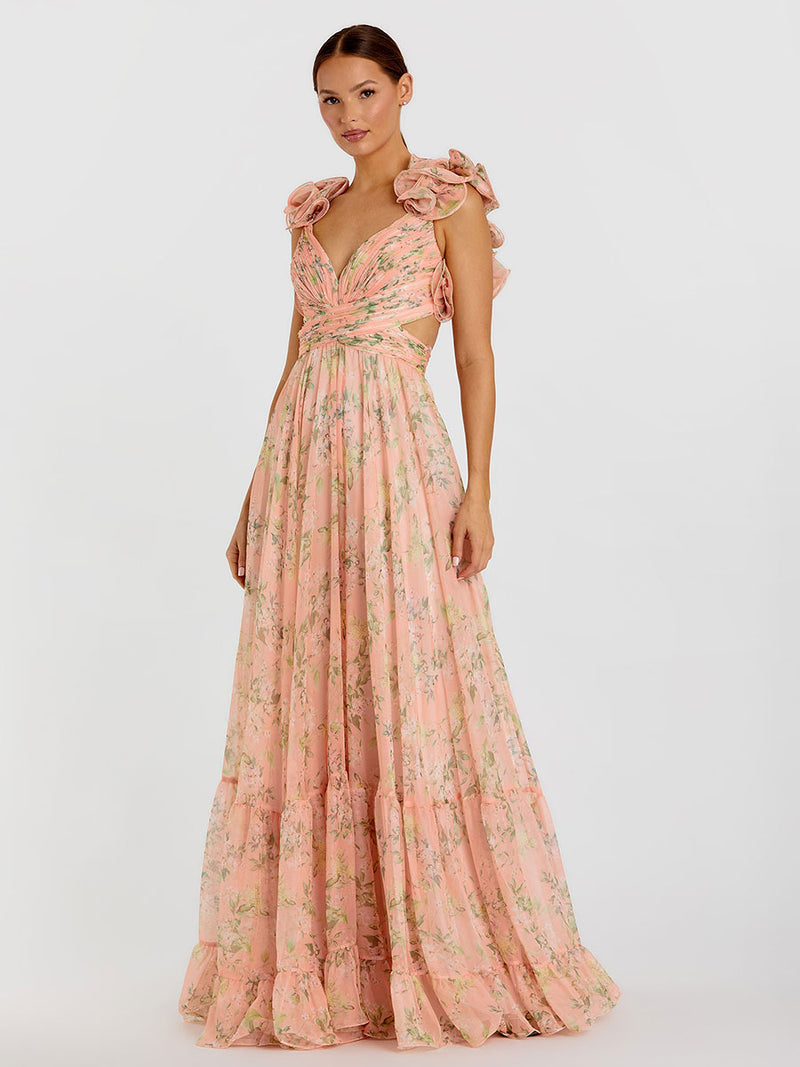 Ruffle Tiered Floral Cut-Out Chiffon Gown