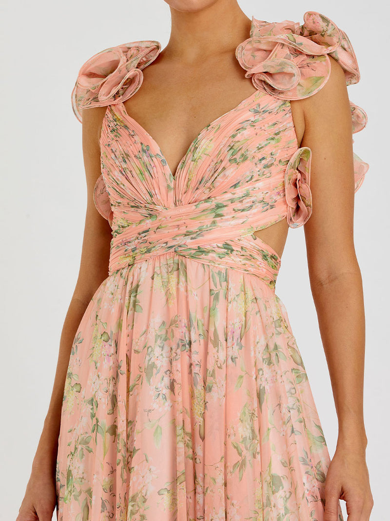 Ruffle Tiered Floral Cut-Out Chiffon Gown