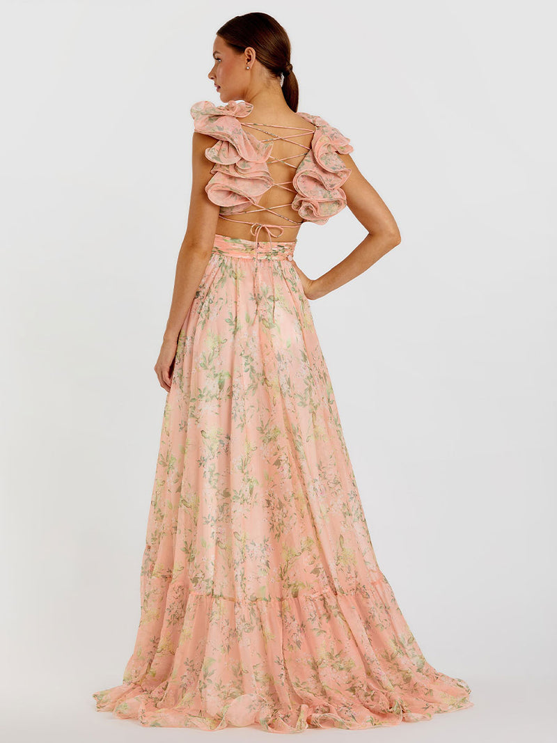 Ruffle Tiered Floral Cut-Out Chiffon Gown