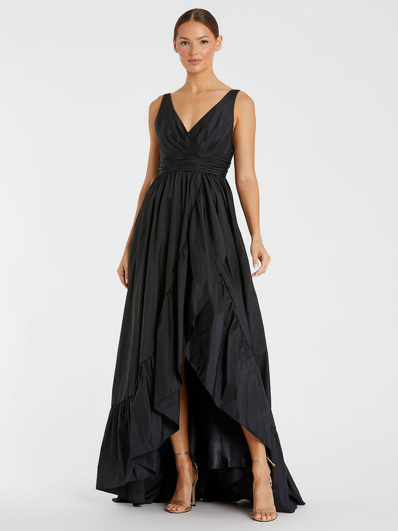 Black Taffeta High Low Ruffle Gown