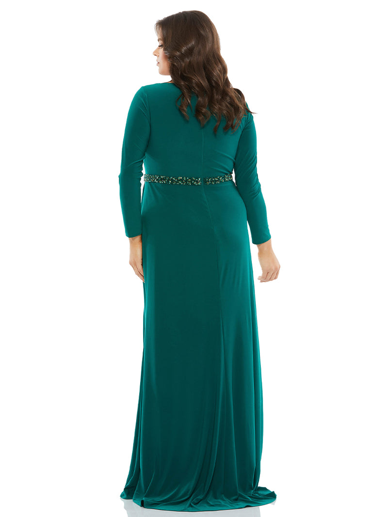 Beaded Belt Jersey Faux Wrap Long Sleeve Gown