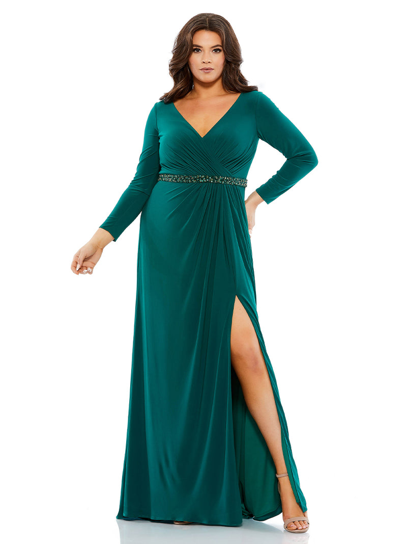 Beaded Belt Jersey Faux Wrap Long Sleeve Gown