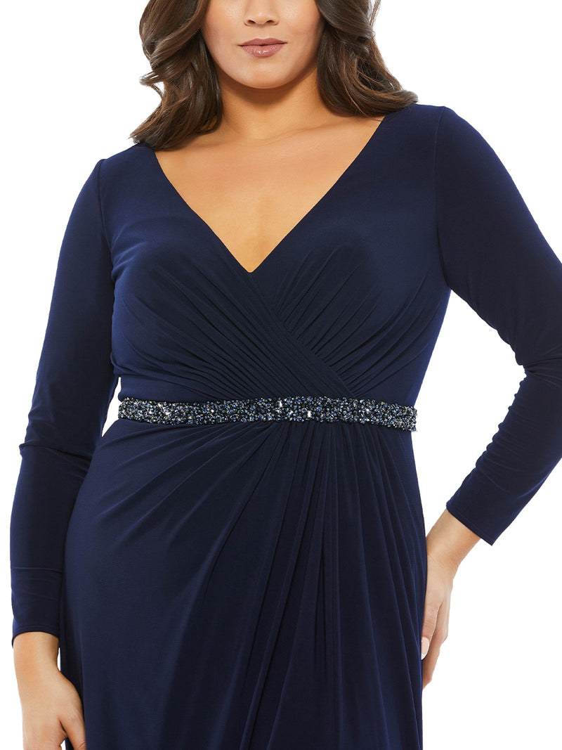 Beaded Belt Jersey Faux Wrap Long Sleeve Gown