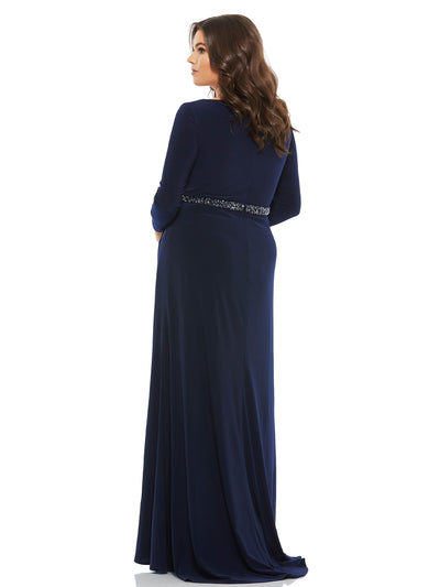 Beaded Belt Jersey Faux Wrap Long Sleeve Gown