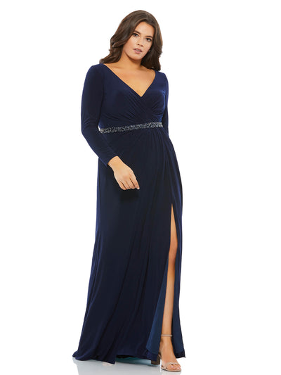 Beaded Belt Jersey Faux Wrap Long Sleeve Gown