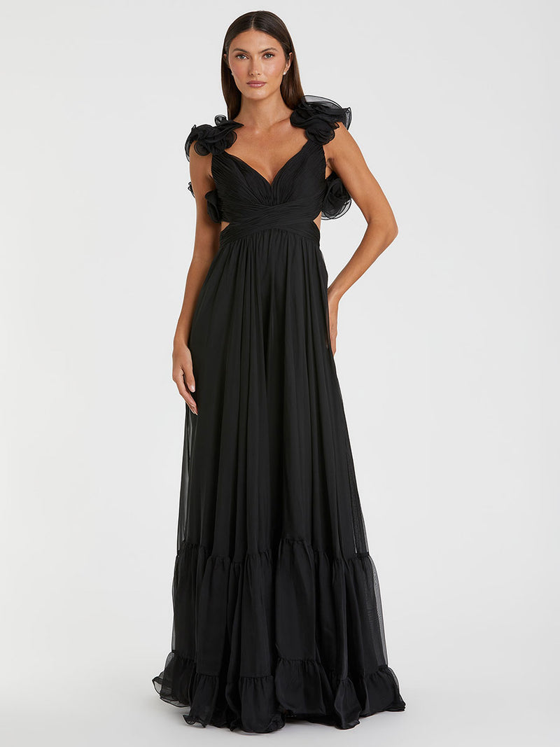 Ruffle Tiered Cut-Out Chiffon Gown