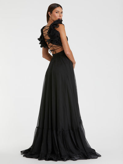 Ruffle Tiered Cut-Out Chiffon Gown