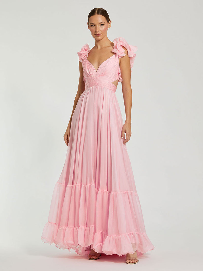 Ruffle Tiered Cut-Out Chiffon Gown