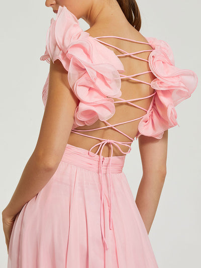 Ruffle Tiered Cut-Out Chiffon Gown
