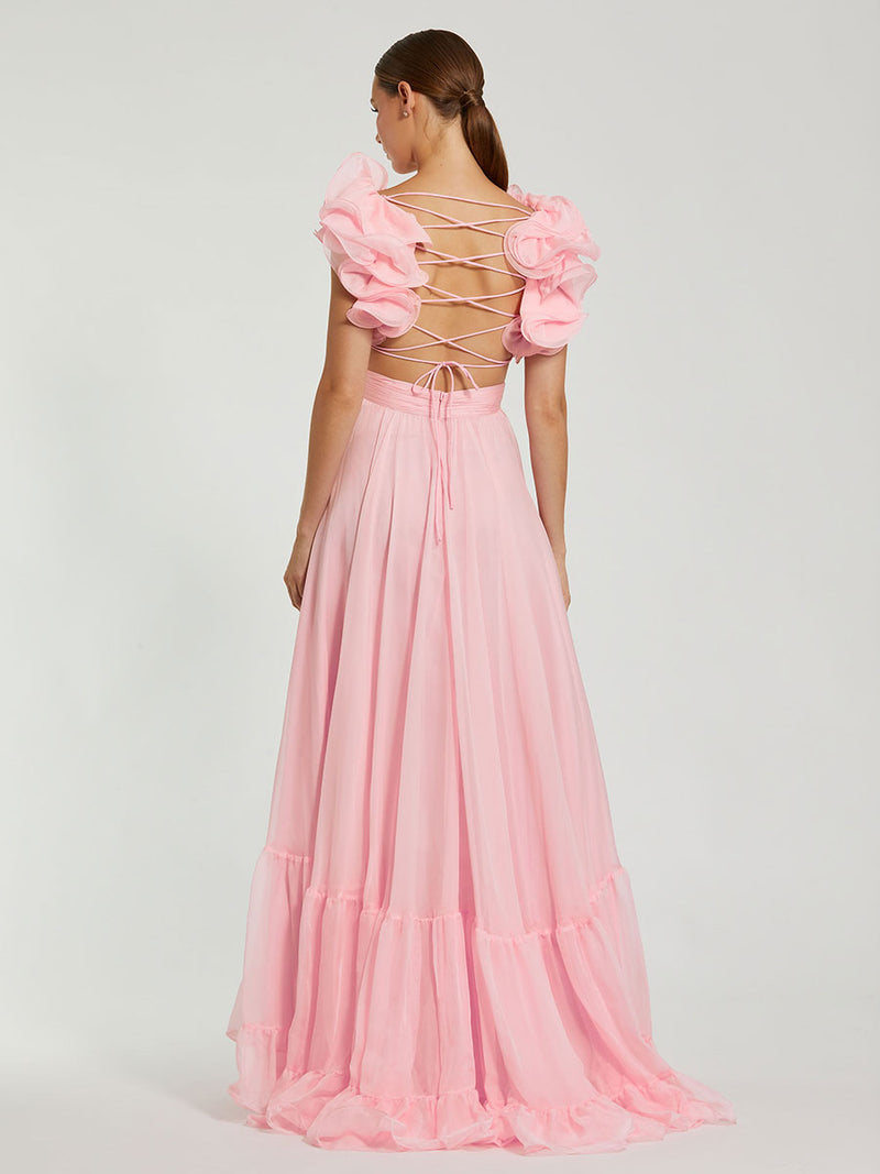 Ruffle Tiered Cut-Out Chiffon Gown