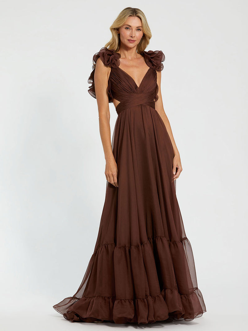 Ruffle Tiered Cut-Out Chiffon Gown