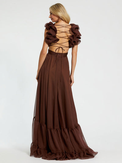 Ruffle Tiered Cut-Out Chiffon Gown