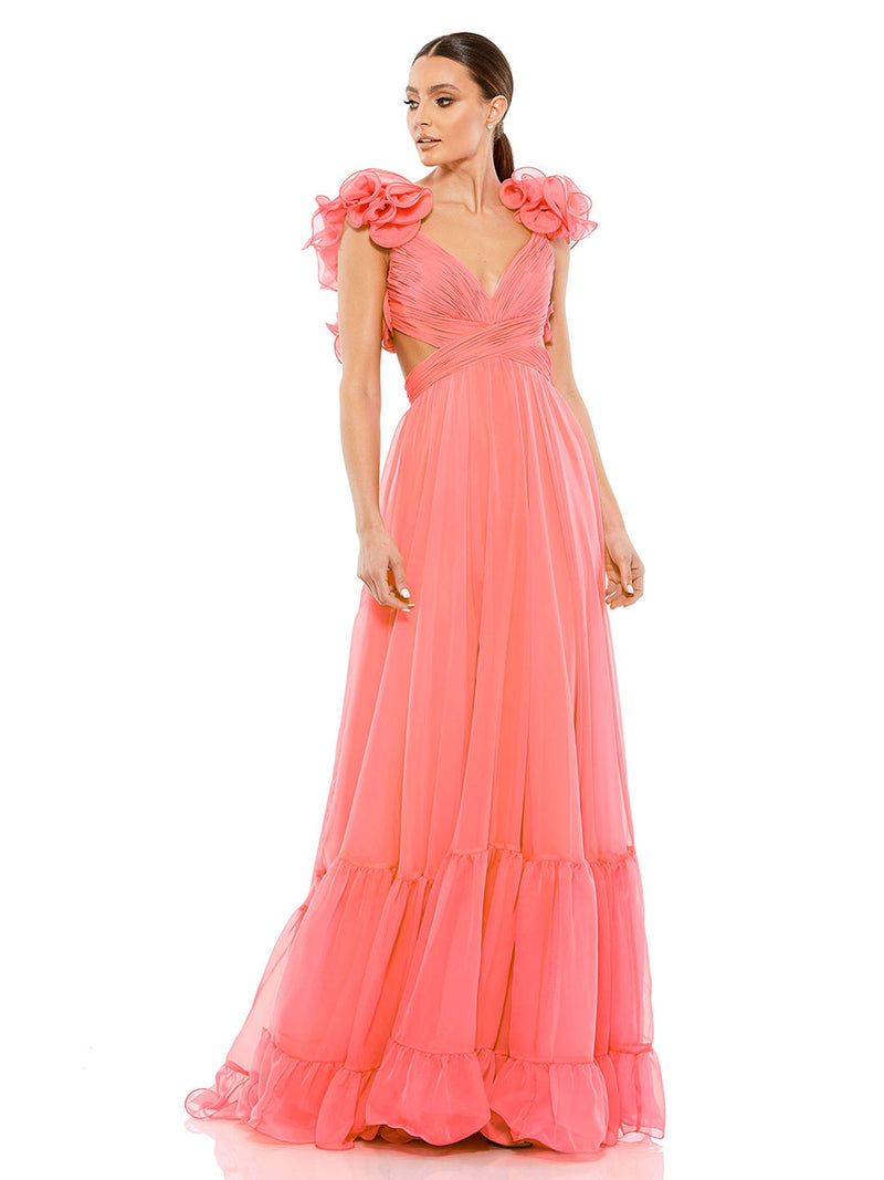Ruffle Tiered Cut-Out Chiffon Gown