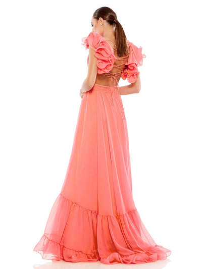 Ruffle Tiered Cut-Out Chiffon Gown