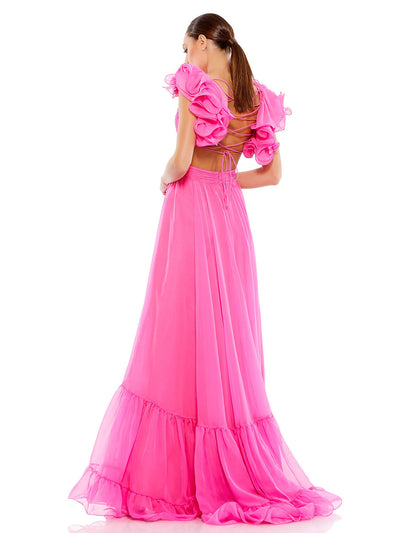 Ruffle Tiered Cut-Out Chiffon Gown
