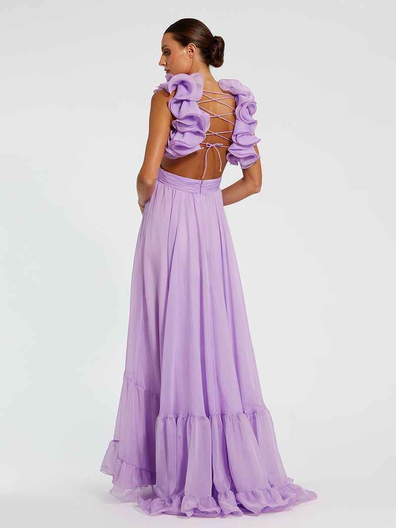 Ruffle Tiered Cut-Out Chiffon Gown