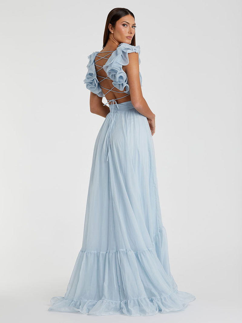 Ruffle Tiered Cut-Out Chiffon Gown