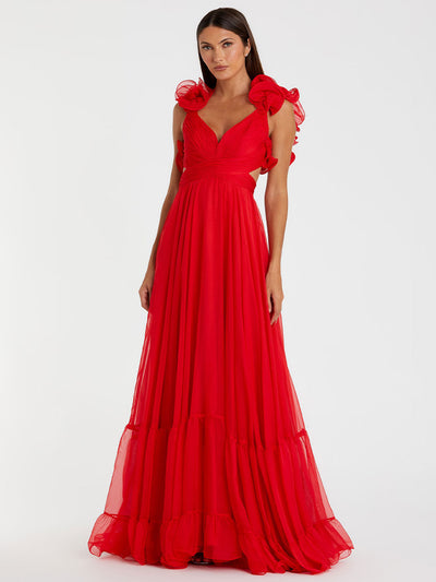 Ruffle Tiered Cut-Out Chiffon Gown