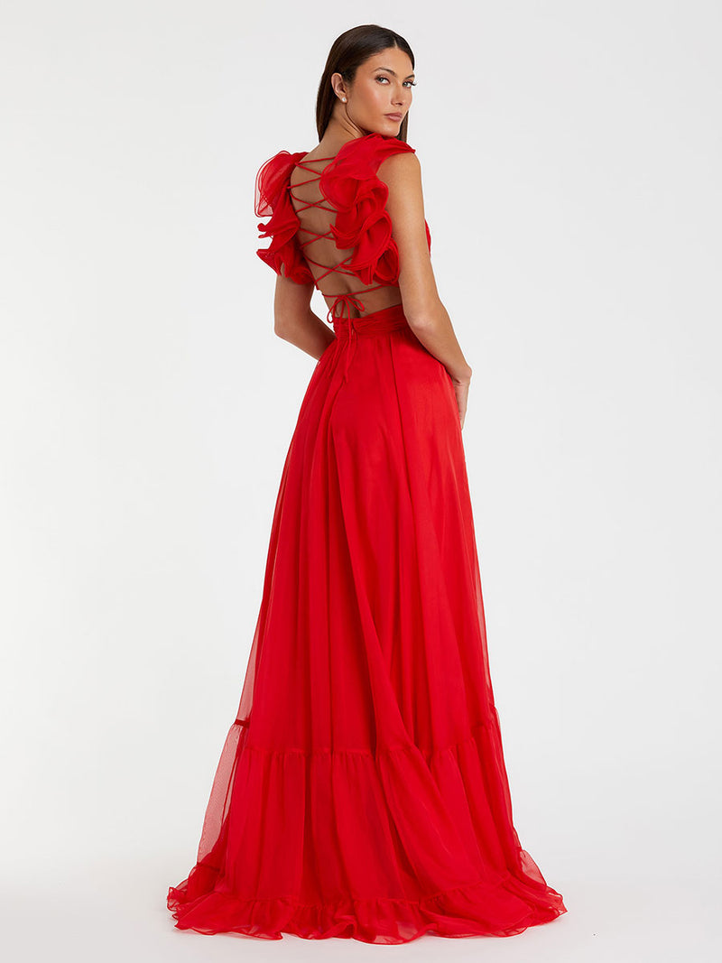 Ruffle Tiered Cut-Out Chiffon Gown