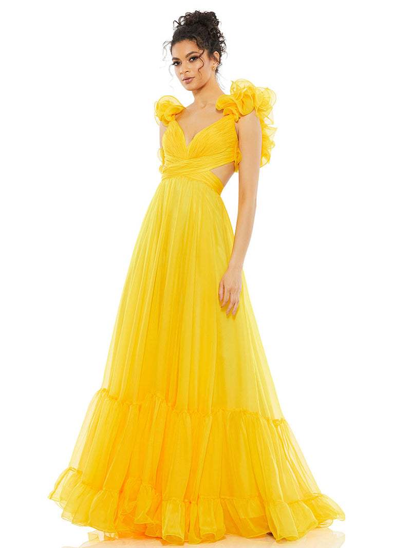 Ruffle Tiered Cut-Out Chiffon Gown