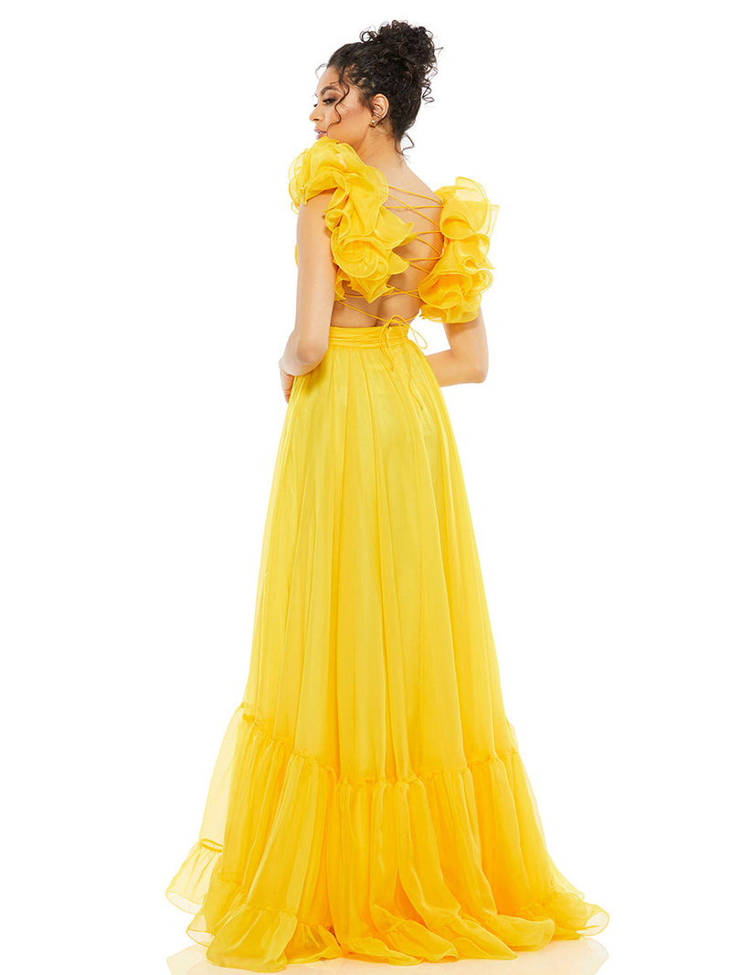 Ruffle Tiered Cut-Out Chiffon Gown