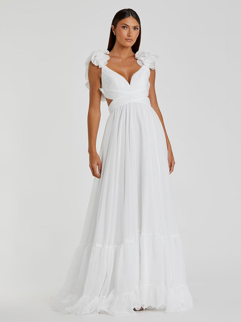 Ruffle Tiered Cut-Out Chiffon Gown