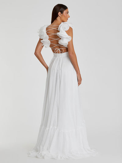 Ruffle Tiered Cut-Out Chiffon Gown