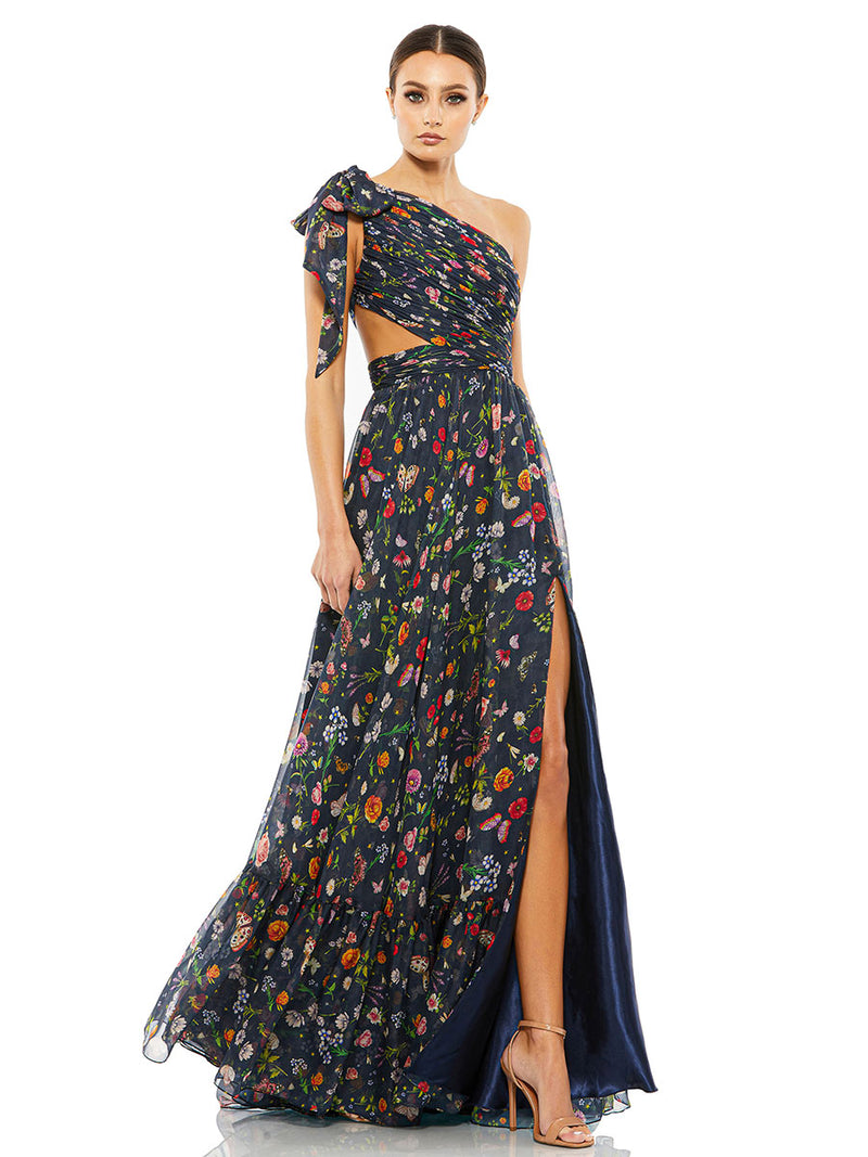 Navy Tied One Shoulder Cut-Out Flowy Gown