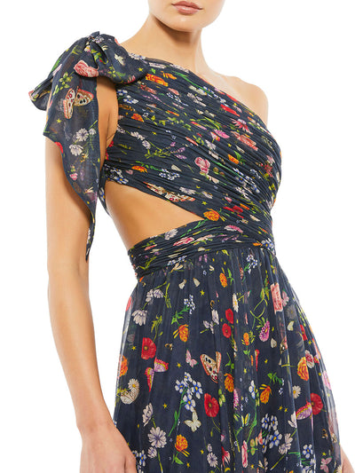 Navy Tied One Shoulder Cut-Out Flowy Gown