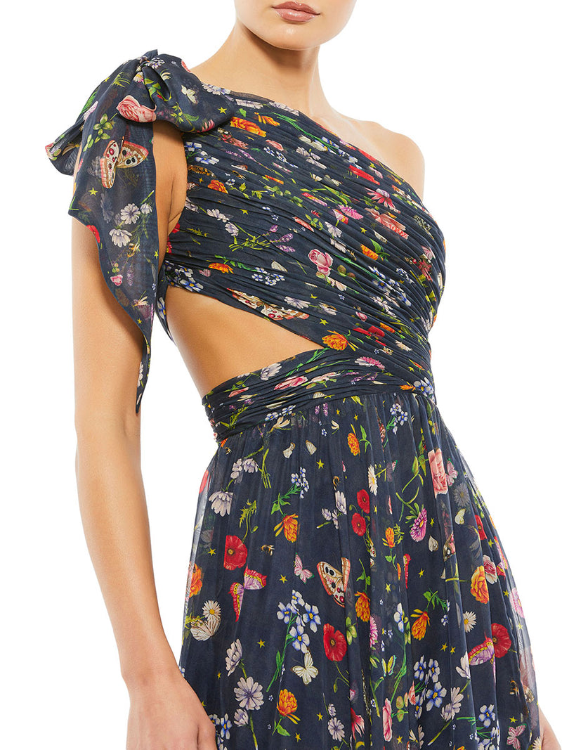 Navy Tied One Shoulder Cut-Out Flowy Gown