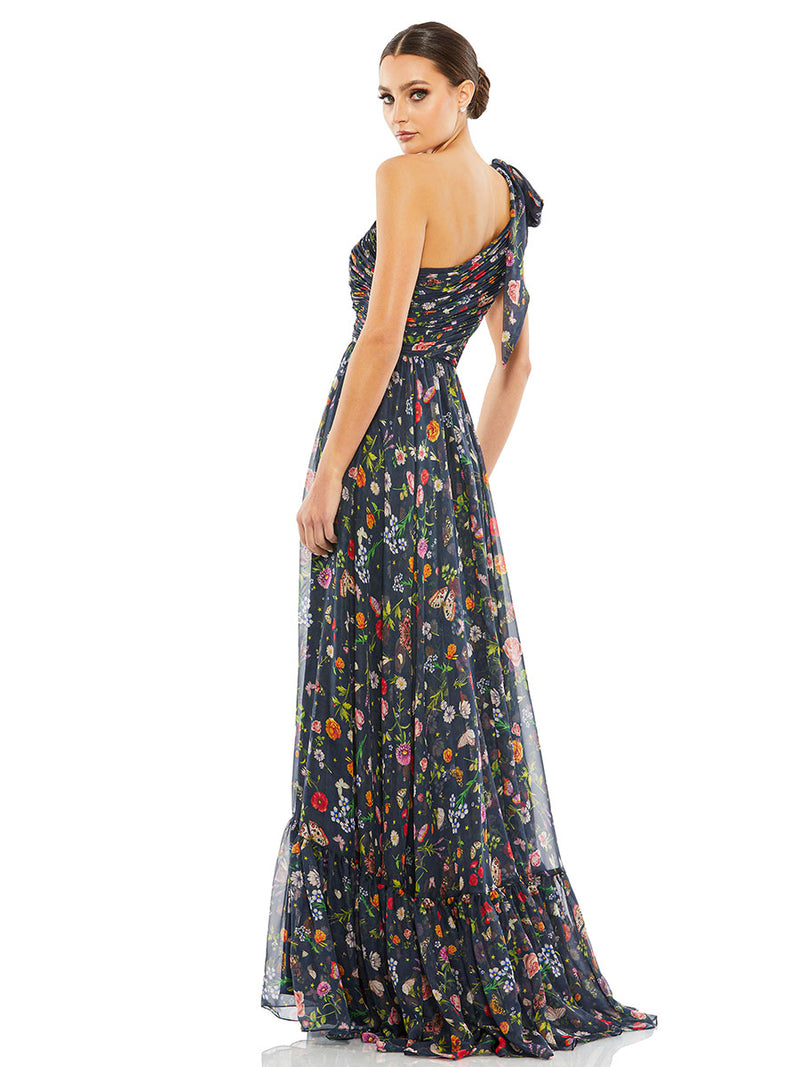 Navy Tied One Shoulder Cut-Out Flowy Gown