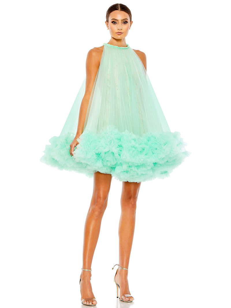 High Neck Gathered Tulle A-line Swing Dress