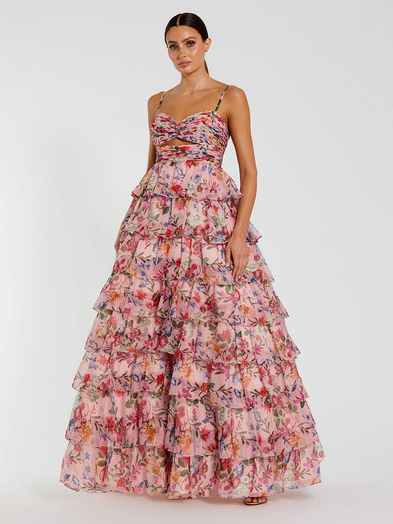Floral Cut Out Ruffle Tiered Gown