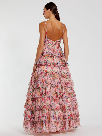 Floral Cut Out Ruffle Tiered Gown