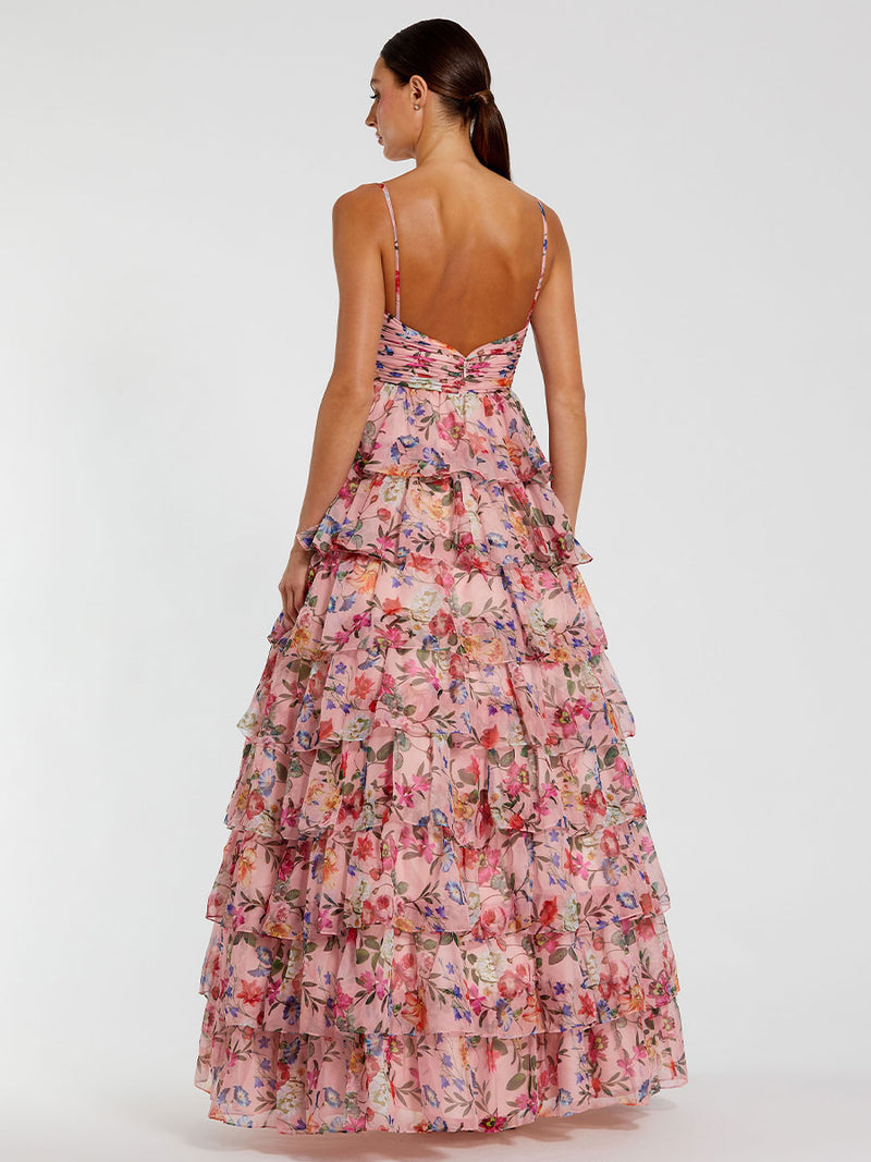 Floral Cut Out Ruffle Tiered Gown
