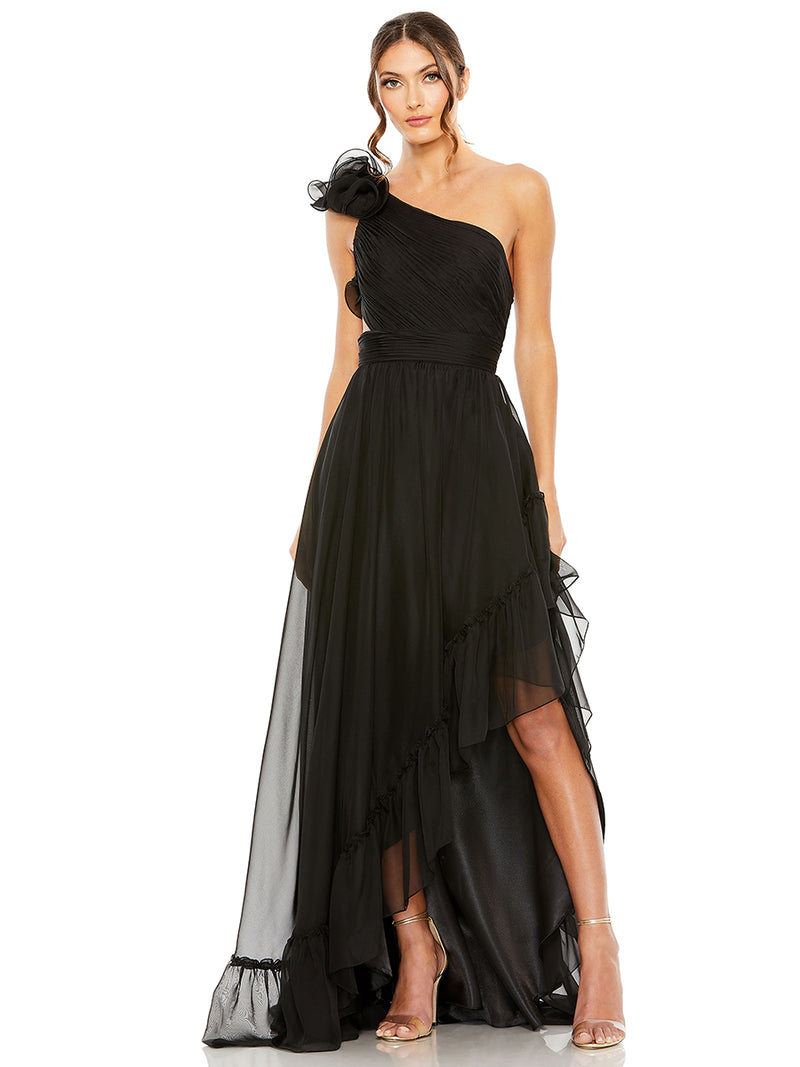 Black Ruffled One Shoulder Asymmetrical Gown