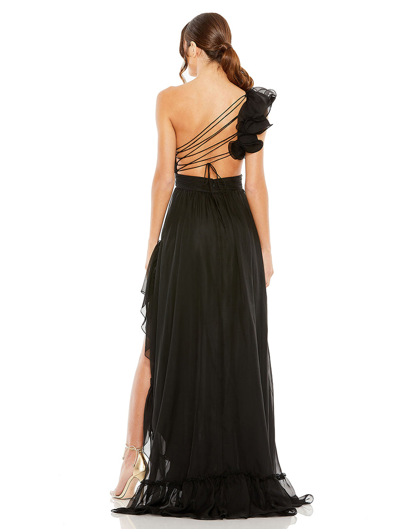 Black Ruffled One Shoulder Asymmetrical Gown