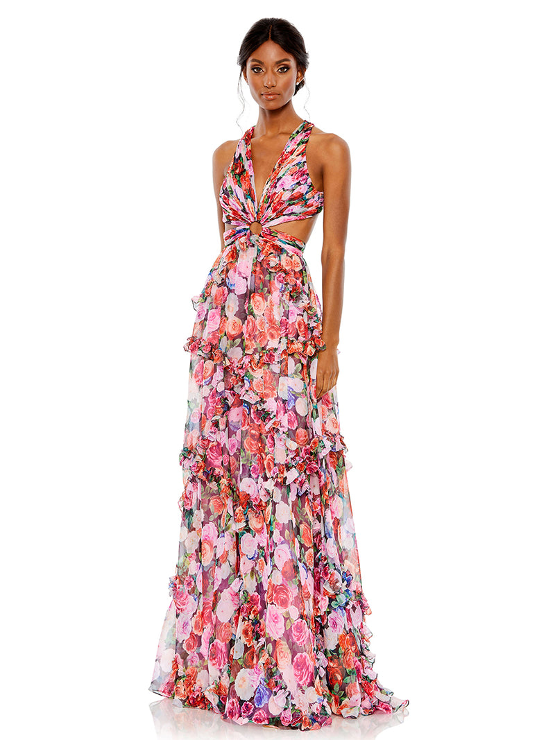 Multicolor Ruffled Cut Out Sleeveless Gown