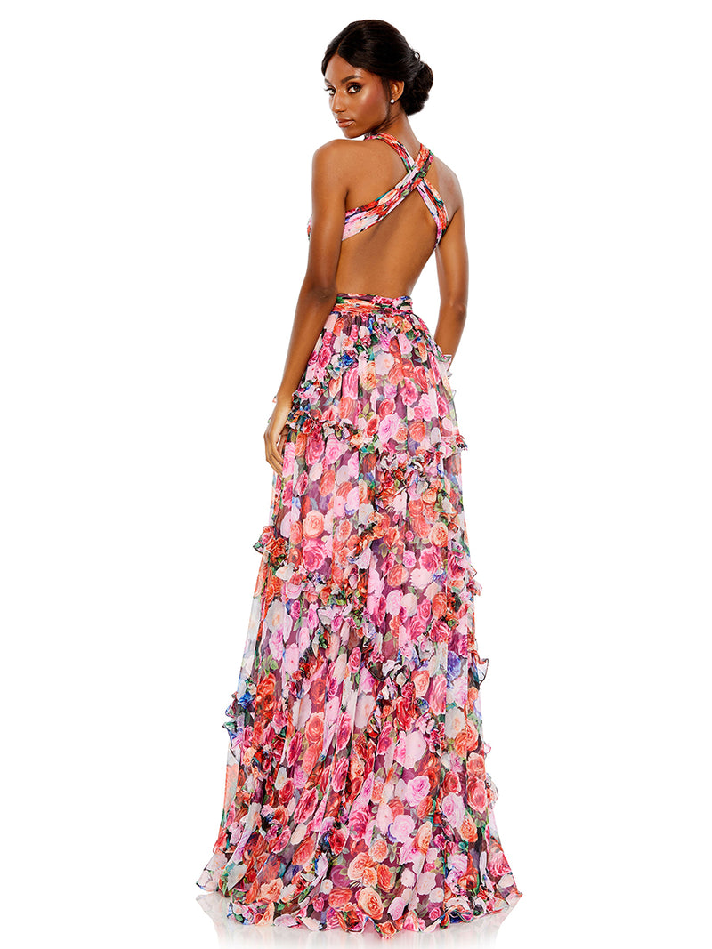 Multicolor Ruffled Cut Out Sleeveless Gown