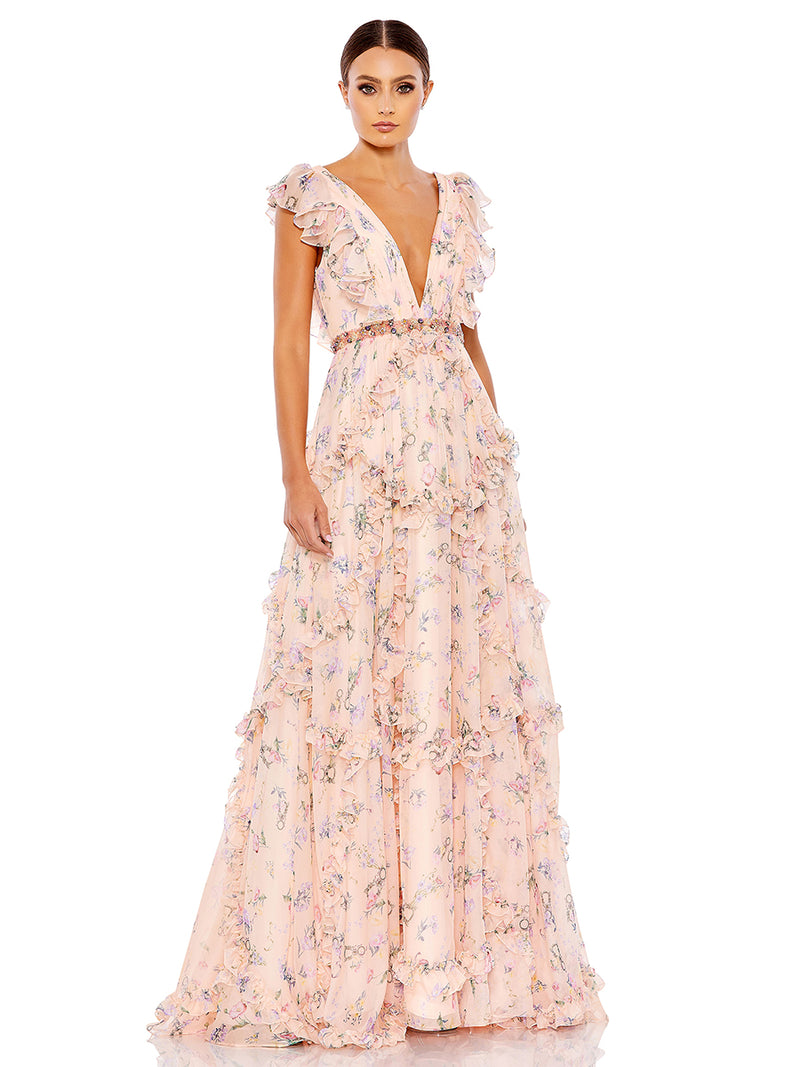 Pink Multicolor Ruffled Floral Print Cap Sleeve Gown