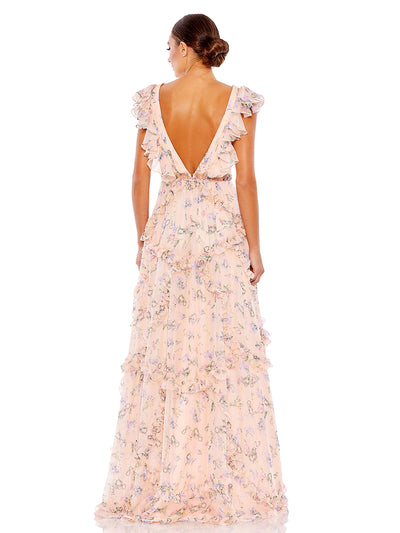 Pink Multicolor Ruffled Floral Print Cap Sleeve Gown