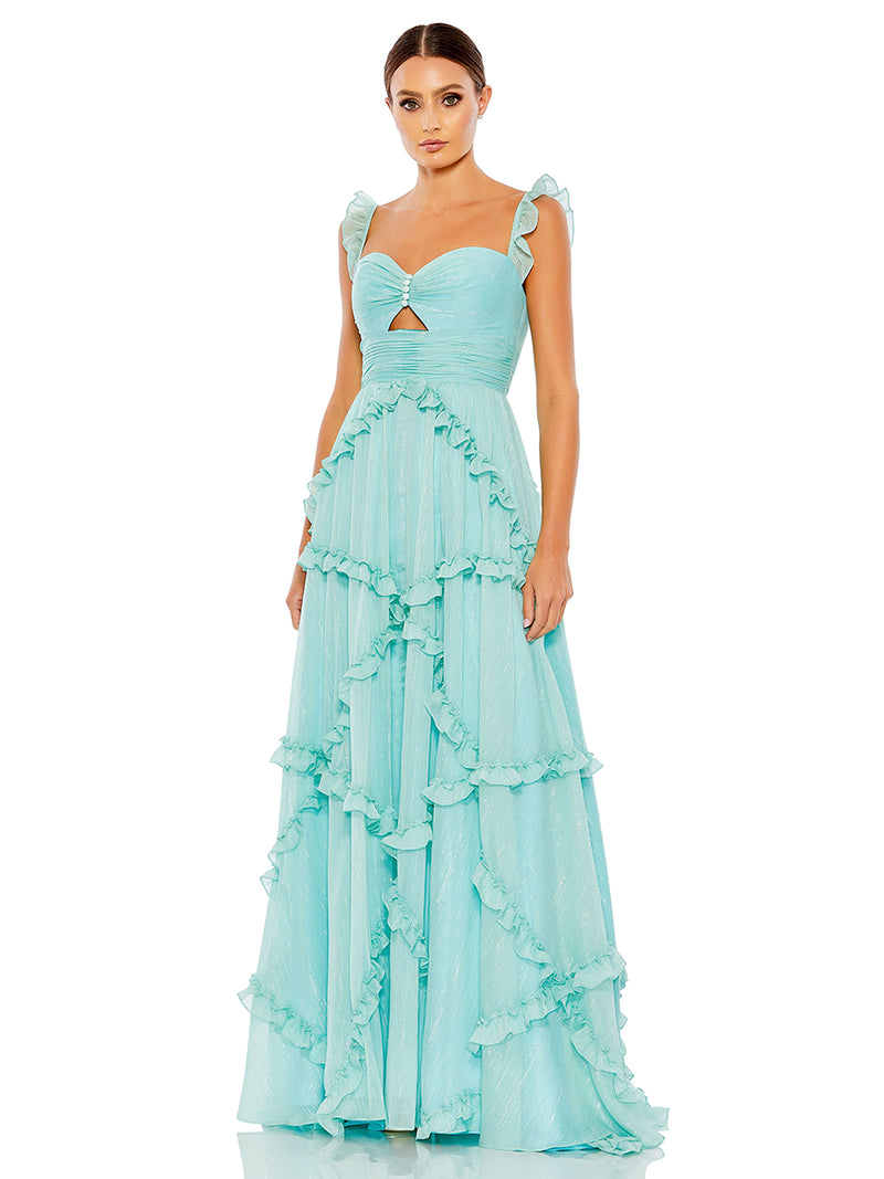 Blue Ruffle Tiered Sleeveless Flowy A Line Gown
