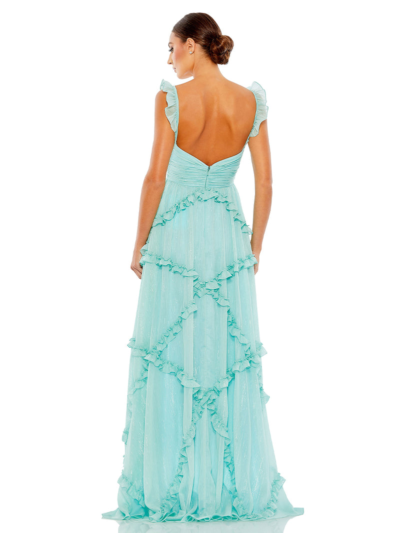 Blue Ruffle Tiered Sleeveless Flowy A Line Gown