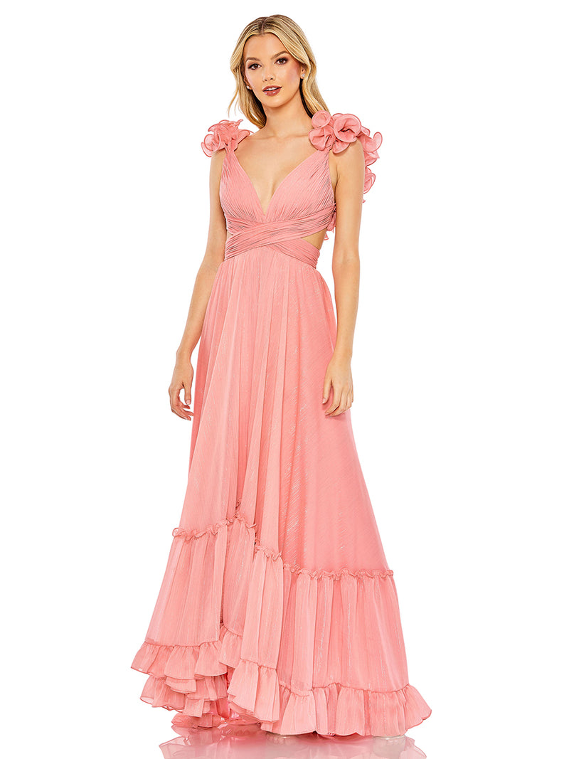 Pink Ruffle Sleeve V Neck A Line Gown