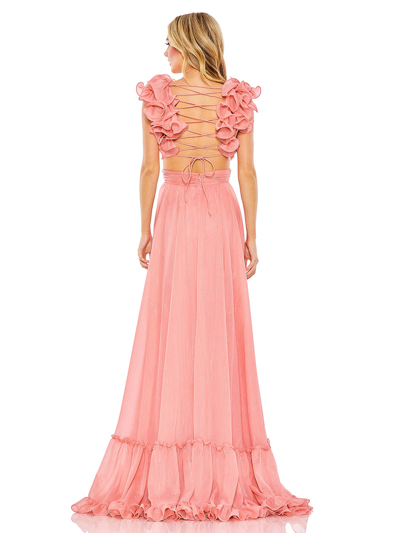 Pink Ruffle Sleeve V Neck A Line Gown