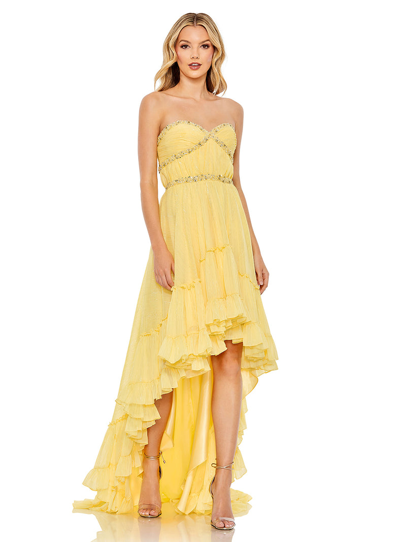 Yellow Beaded Ruffle High Low Gown