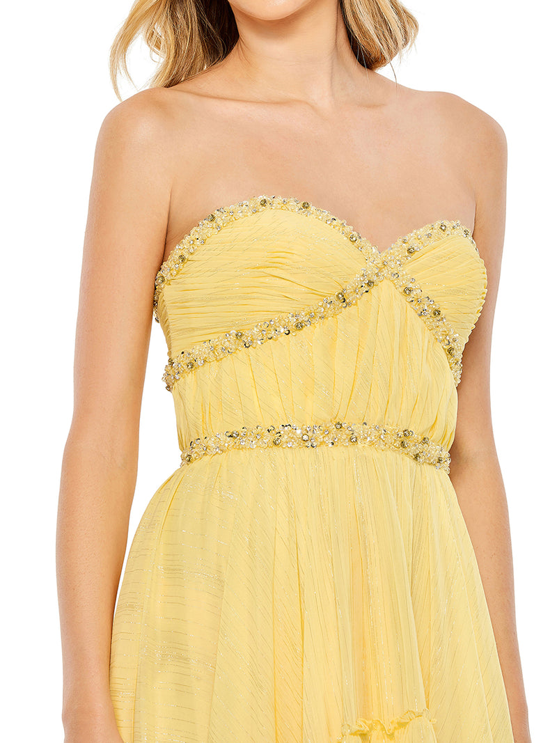 Yellow Beaded Ruffle High Low Gown
