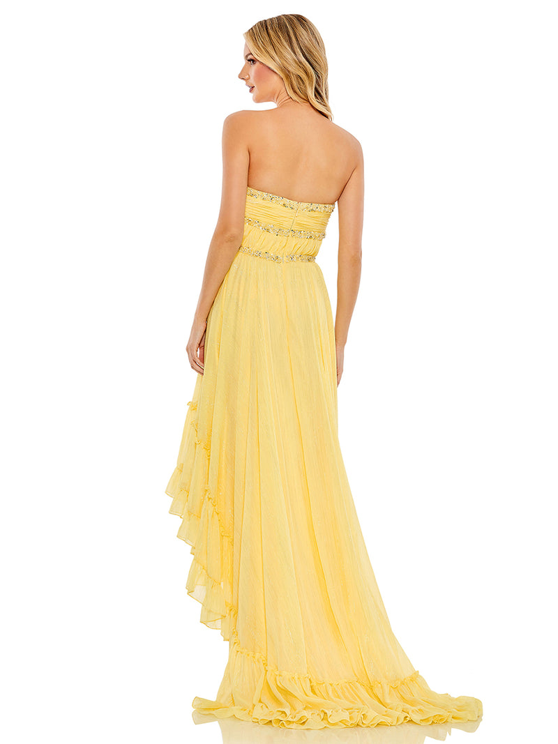 Yellow Beaded Ruffle High Low Gown